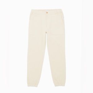 The onia corduroy jogger has flat front with zipper and drawcord waist. In Swan